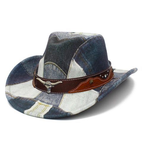 Vintage Westlicher Cowboyhut Für Damen Herren Denim Patchwork Fedora Mit Metall Stierkopf Verzierung Breitkrempiger Sonnenhut