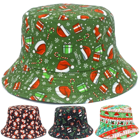 Christmas Bucket Hat For Women Men Cotton Printed Santa Claus Snowman Reindeer Pattern Fisherman Hat Festival Party Cap