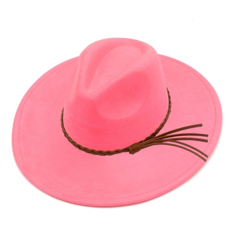Women Men Faux Suede Fedora Hat Wide Brim Western Jazz Style With Braided Band And Tassels Solid Color Fashion Sun Hat