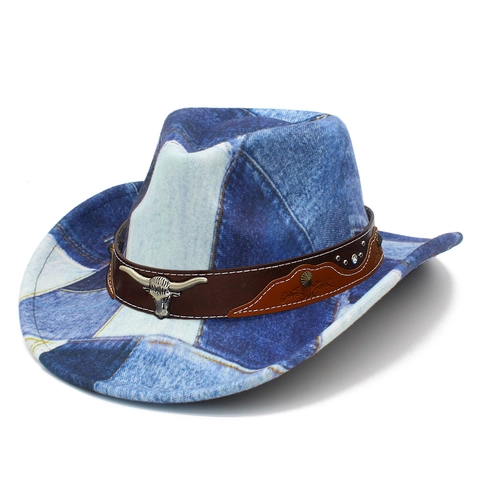 Vintage Westlicher Cowboyhut Für Damen Herren Denim Patchwork Fedora Mit Metall Stierkopf Verzierung Breitkrempiger Sonnenhut