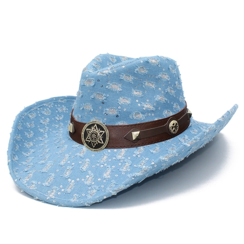 Cappello da Cowboy in Denim Vintage Design Strappato Con Paillettes Cintura in Pelle Borchie Decorazione Western Style Party