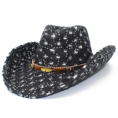 Distressed Denim Cowboy Hat For Women Men With Sequins Feather Pendant Vintage Western Party Jazz Fedora Hat One Size
