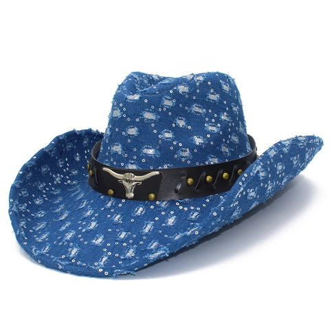 Distressed Denim Western Cowboy Hat With Sequin Bull Head Metal Buckle Leather Belt Ripped Punk Fedora Hat For Women Men Party Accessory