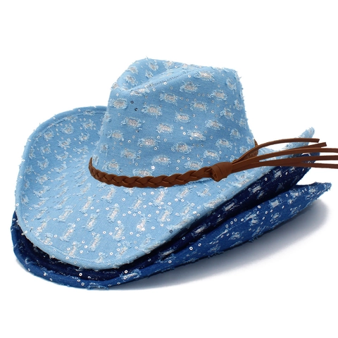 Vintage Denim Cowboy Hat For Women With Silver Sequins Distressed Ripped Design Braided Leather Belt Western Fedora Hat