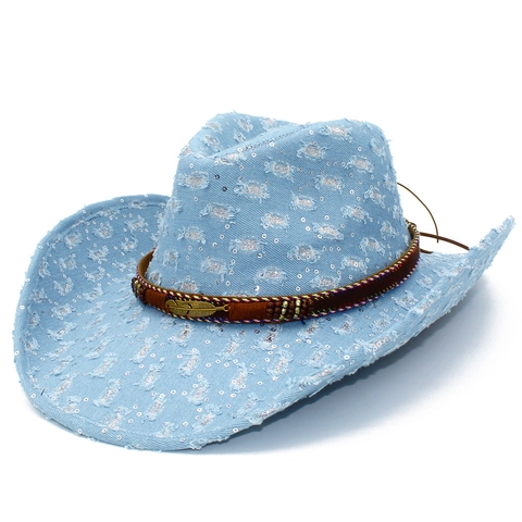 Distressed Denim Cowboy Hat For Women Men With Sequins Feather Pendant Vintage Western Party Jazz Fedora Hat One Size