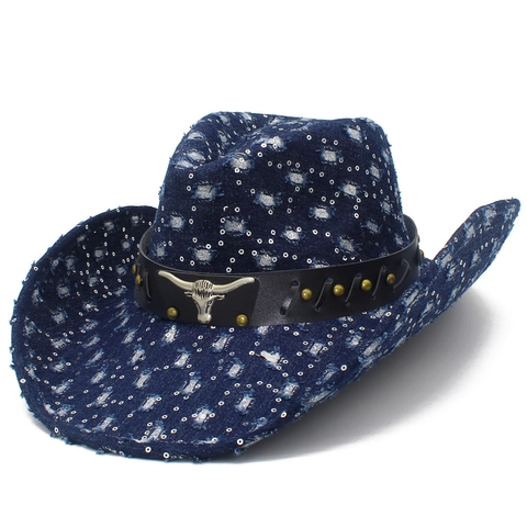 Distressed Denim Western Cowboy Hat With Sequin Bull Head Metal Buckle Leather Belt Ripped Punk Fedora Hat For Women Men Party Accessory
