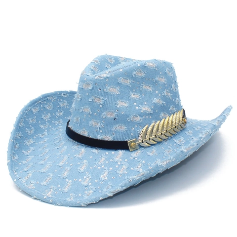 Distressed Denim Cowboy Hat For Men Women Western Jazz Fedora Hat With Sequins And Metal Leaf Accessory Vintage Style Hat