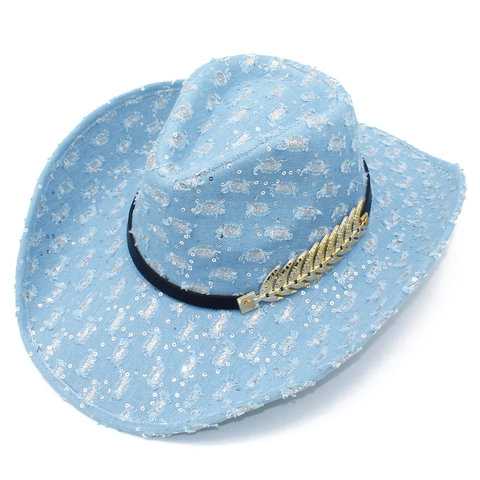 Distressed Denim Cowboy Hat For Men Women Western Jazz Fedora Hat With Sequins And Metal Leaf Accessory Vintage Style Hat