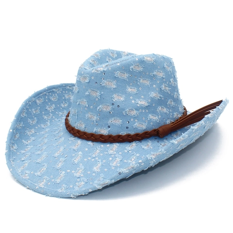 Vintage Denim Cowboy Hat For Women With Silver Sequins Distressed Ripped Design Braided Leather Belt Western Fedora Hat