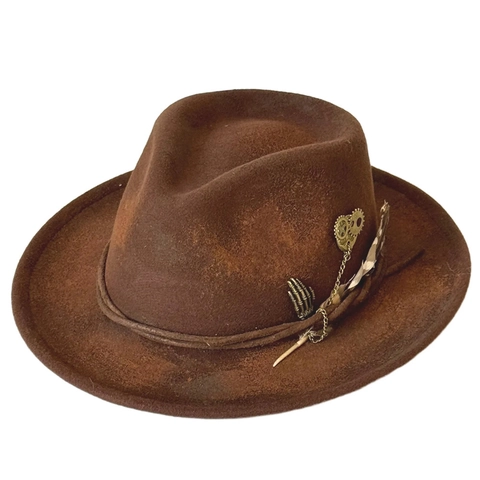 Vintage Steampunk Distressed Fedora Hat For Men Women Wide Brim Polyester Felt Jazz Hat With Gears Feathers Party Accessory