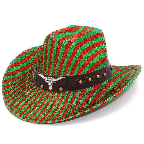 Western Cowboy Hat Christmas Snowflake Rainbow Striped Splicing Bull Head Buckle Glitter Polyester Party Dress Up Fedora Hat