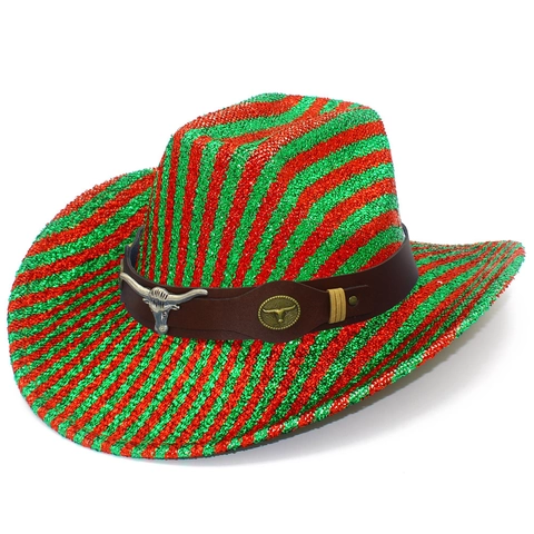 Pailletten Regenboog Streep Westerse Cowboyhoed Polyester Hoed Met Stierkop Metaal Decor Voor Kerstmis Festival Feest Vrouwen Mannen
