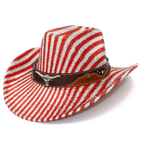 Shiny Glitter Western Cowboy Hat With Metal Bull Head Logo Colorful Rainbow Striped Christmas Snowflake Party Jazz Hat For Men Women