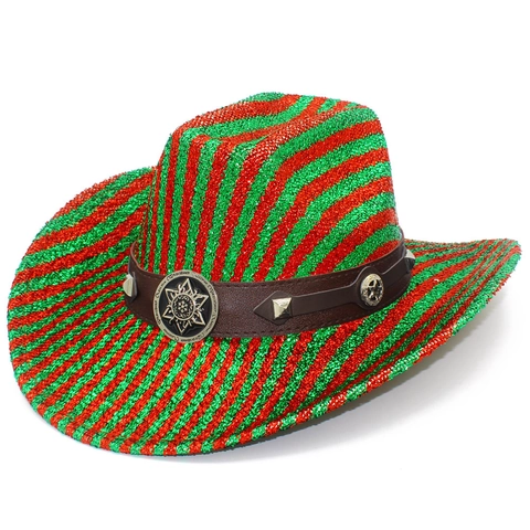 Cappello da Cowboy Occidentale con Paillettes Glitter Festa Festiva Carnevale Costume Fiocco di Neve Arcobaleno a Righe con Cinturino a Stella in Ecopelle