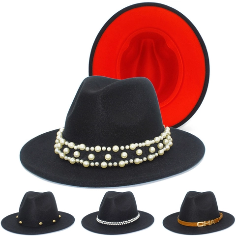 Unisex Mode Fedora Hoed Brede Rand Jazz Hoed Contrastkleur Wollen Vilt Hoed Met Kunstparels Klinknagels Ketting Riem Decoratie Feethoed