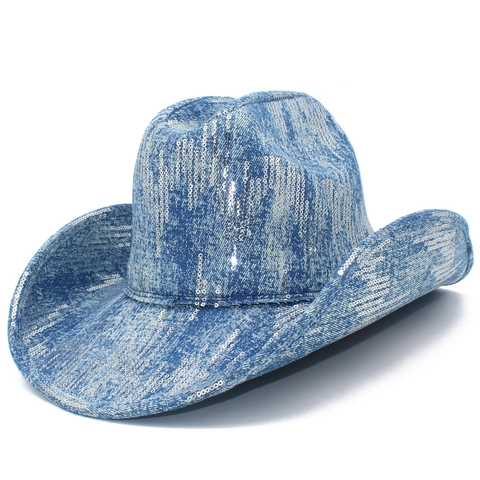 Cappello da Cowboy Western in Denim di Moda con Paillettes Scintillanti Cappello da Cowgirl a Tesa Larga per Festa Streetwear