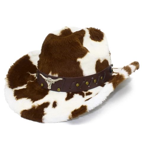 Western Cowboy Hat Plush Cow Print With Bull Head Metal Decor Vintage Winter Warm Jazz Hat For Women Party Accessories