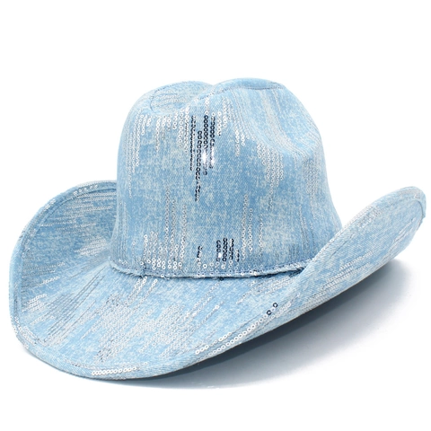 Cappello da Cowboy Western in Denim di Moda con Paillettes Scintillanti Cappello da Cowgirl a Tesa Larga per Festa Streetwear