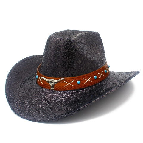 Women Western Sequin Cowboy Hat With Bull Head Metal Decor Turquoise Beads Shiny Retro Party Jazz Fedora Hat For Carnival