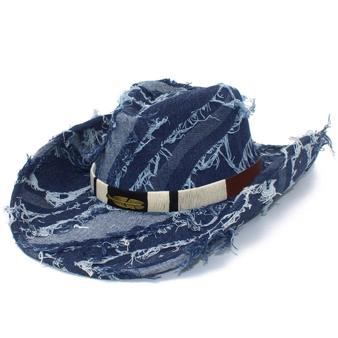 Cappello da Cowboy in Denim Vintage Distressed Con Frange Decorazione Piuma di Metallo Stile Western Fedora a Tesa Larga