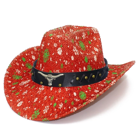 Sequin Rainbow Christmas Cowboy Hat For Men Women Metallic Woven Western Hat With Metal Bull Head Decor Festive Party Hat