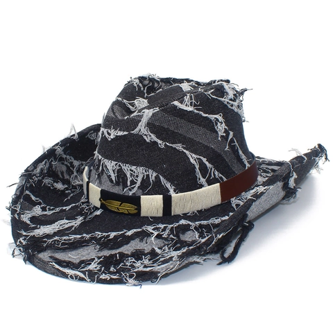 Cappello da Cowboy in Denim Vintage Distressed Con Frange Decorazione Piuma di Metallo Stile Western Fedora a Tesa Larga