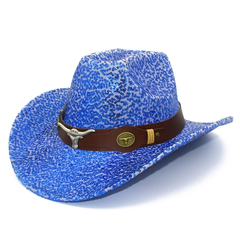 Cappello da Cowboy con Paillettes Glitterate di Moda per Donna Uomo Nightclub Party Stage Western Cowgirl Cappello con Testa di Toro in Metallo