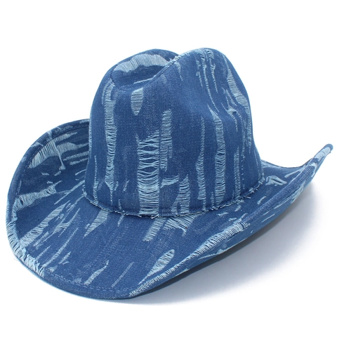 Washed Distressed Denim Cowboy Hat Western Style Retro Ripped Frayed Wide Brim Fedora Outdoor Sun Hat For Women Men