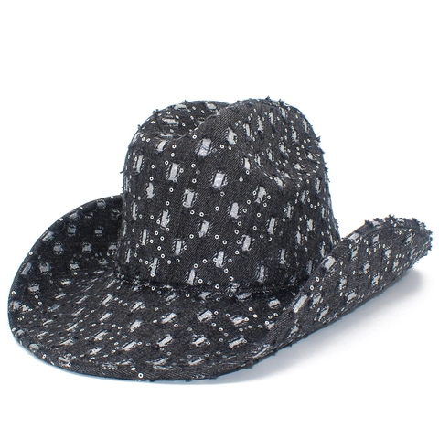 Mode Pailletten Denim Cowboyhoed Westerse Stijl Gescheurde Brede Rand Jazzhoed Voor Feest Optreden Vrouwen Mannen