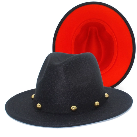 Unisex Mode Fedora Hoed Brede Rand Jazz Hoed Contrastkleur Wollen Vilt Hoed Met Kunstparels Klinknagels Ketting Riem Decoratie Feethoed