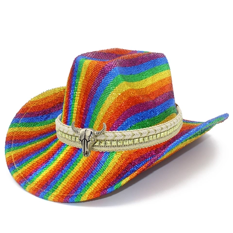 Festlicher Weihnachts Cowboyhut Regenbogen Gestreift Glitzer Polyester Western Stierschädel Nieten Party Performance Hut Erwachsene