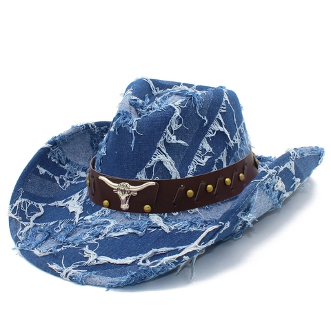 Cappello da Cowboy in Denim Distressed Occidentale per Uomo Donna Cappello da Sole Con Frange Testa di Toro Borchie Cinturino in PU