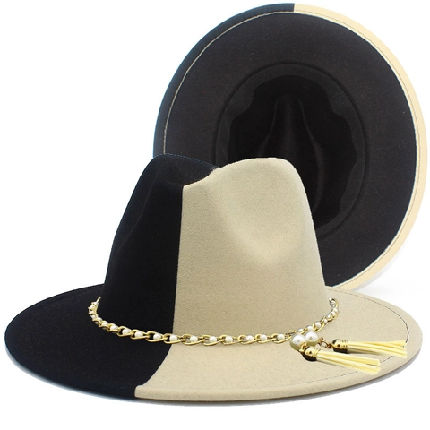 Women's Two-Tone Split Color Fedora Hat Vintage Felt Jazz Hat With Faux Artificial Pearl Chain And Tassels For Party Banquet Fashion Hat