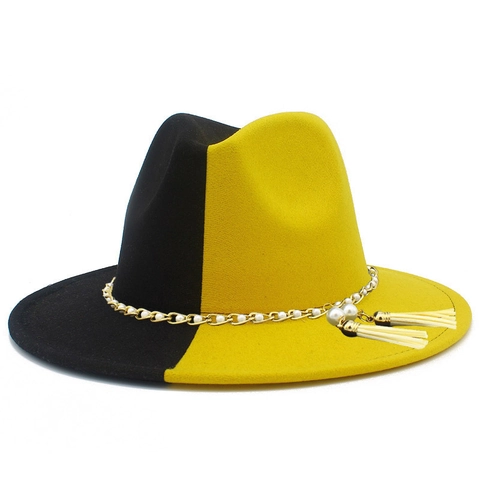 Women's Two-Tone Split Color Fedora Hat Vintage Felt Jazz Hat With Faux Artificial Pearl Chain And Tassels For Party Banquet Fashion Hat