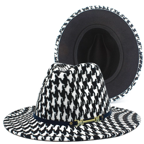 Cappello Fedora Vintage Pied De Poule In Misto Cotone A Tesa Larga Cappello Jazz Con Fibbia Dorata Decorazione Per Uomo Donna Unisex Autunno Inverno