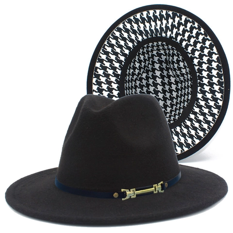 Cappello Fedora Vintage Pied De Poule In Misto Cotone A Tesa Larga Cappello Jazz Con Fibbia Dorata Decorazione Per Uomo Donna Unisex Autunno Inverno