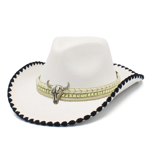 Cappello da Cowboy Occidentale Con Testa di Toro Metallo Rivetti Fascia Intrecciata Misto Cotone Fedora per Donna Uomo Parasole Viaggio