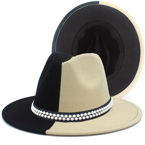 Two Tone Fedora Hat For Women Men Vintage Wool Felt Jazz Hat With Faux Artificial Pearl Band Wide Brim Color Block Party Accessories