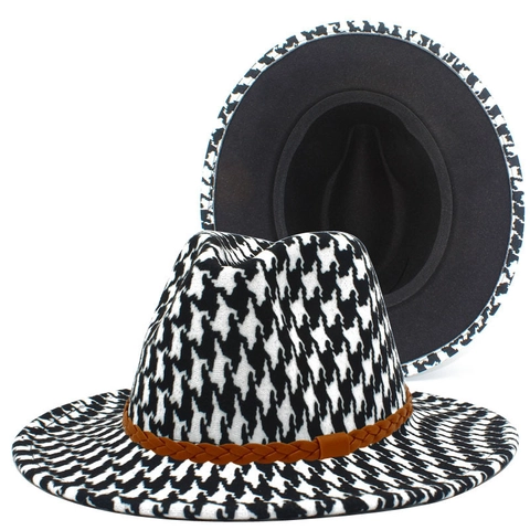 Chapeau Fedora Classique Pied-de-poule Avec Ceinture en Cuir Tressée Unisexe Coton Polyester Large Bord Chapeau de Soleil Jazz