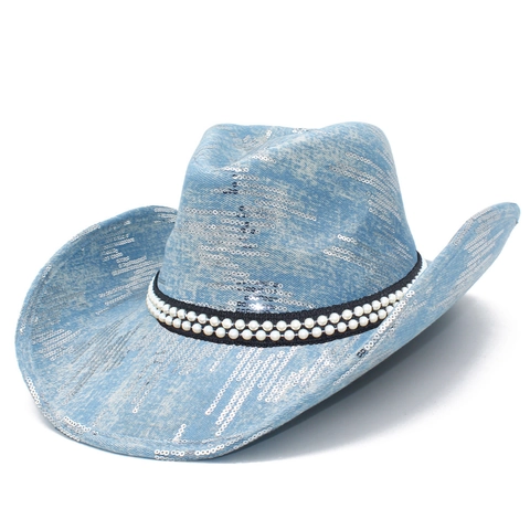 Sombrero de Vaquero Western Con Lentejuelas Brillantes Y Perlas Artificiales de Imitación Estilo Denim Fedora para Mujer Fiesta Moda