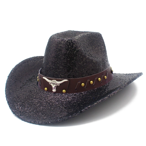 Cappello da Cowboy Western con Paillettes Scintillanti Cintura in Metallo con Borchie e Testa di Toro per Feste Spettacoli Uomo Donna