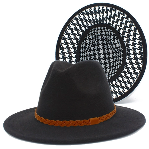 Chapeau Fedora Classique Pied-de-poule Avec Ceinture en Cuir Tressée Unisexe Coton Polyester Large Bord Chapeau de Soleil Jazz