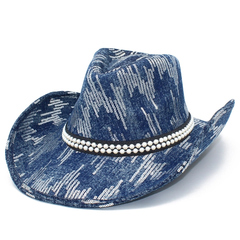 Sombrero de Vaquero Western Con Lentejuelas Brillantes Y Perlas Artificiales de Imitación Estilo Denim Fedora para Mujer Fiesta Moda