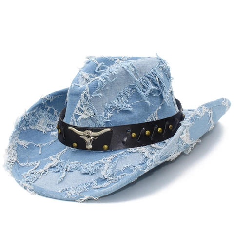Sombrero de Vaquero Occidental de Denim Desgastado para Hombres Mujeres Fedora de Denim Vintage Con Decoración de Cabeza de Toro
