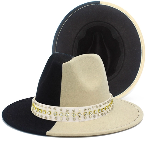 Moda Orecchini Bicolore Fedora Cappello per Donna Uomo Strass Rivetto Cintura Feltro di Lana Cappello Jazz Palcoscenico Festa Cappello Sole