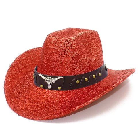 Cappello da Cowboy Western con Paillettes Scintillanti Cintura in Metallo con Borchie e Testa di Toro per Feste Spettacoli Uomo Donna