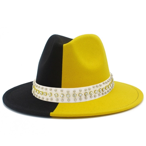 Moda Orecchini Bicolore Fedora Cappello per Donna Uomo Strass Rivetto Cintura Feltro di Lana Cappello Jazz Palcoscenico Festa Cappello Sole