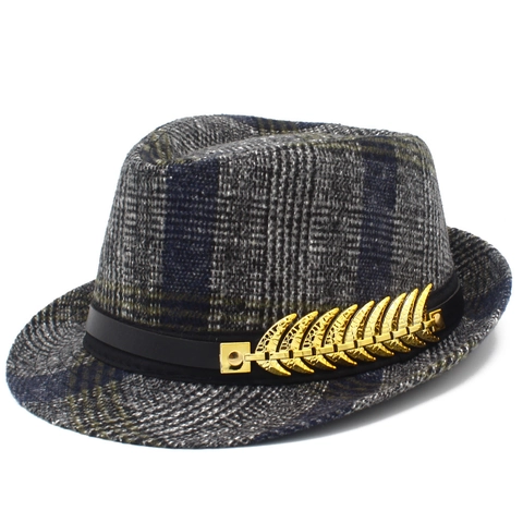 Retro British Style Plaid Fedora Hat For Men Autumn Winter Warm Polyester Cotton Jazz Hat With Metal Feather Gold Decor