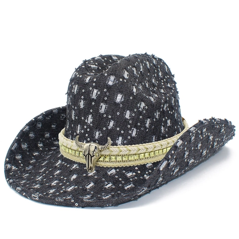 Western Cowboy Hat Distressed Denim Sequined Hat With Bull Skull Metal Decor Frayed Edge Punk Jazz Fedora Hat For Women Men