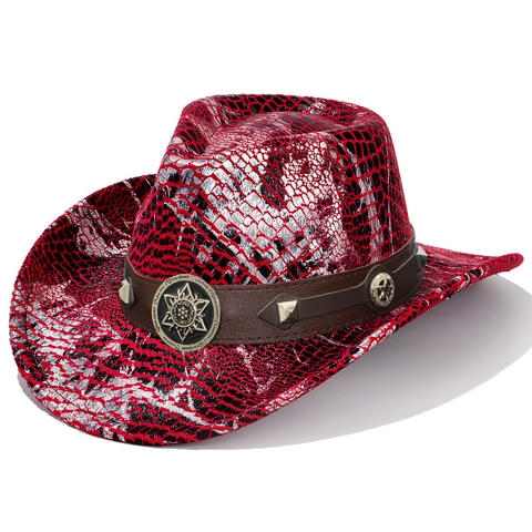 Cappello da Cowboy Western con Trama di Coccodrillo Metallizzato Fascia in Pelle Sintetica Borchie e Distintivo a Stella in Poliestere per Adulti
